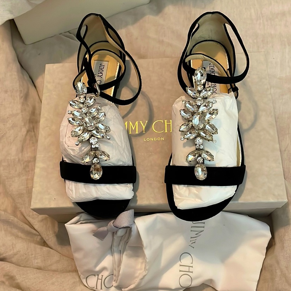 JIMMY CHOO AVERIE FLAT SANDALS BLACK/SILVER CRYSTALS SUEDE SIZE 36